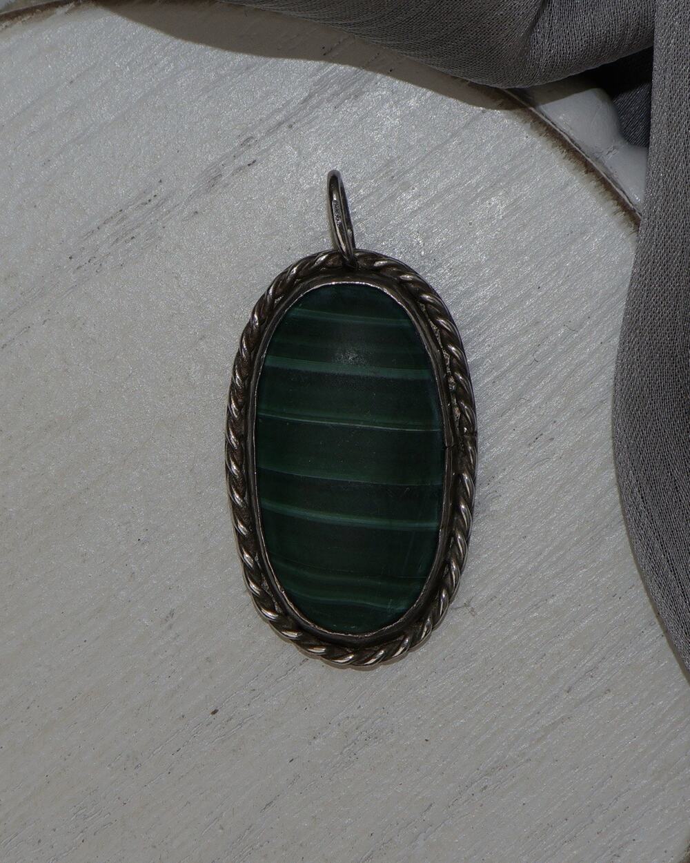 Vintage Sterling Silver Malachite Pendant 12.8G / 1.6in